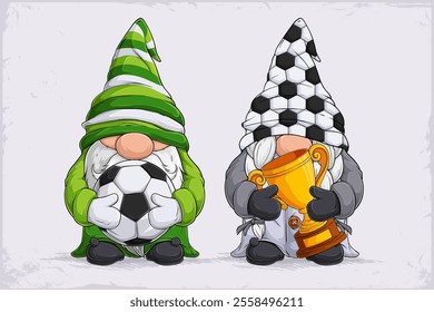 Hand drawn cute gnomes cheerleaders wearing football hat holding soccer balls and golden trophy cup