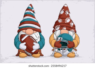 Hand drawn cute gnomes cheerleaders holding brown American football stitched ball and blue helmet 