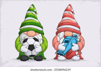 Hand drawn cute gnomes cheerleaders in football disguise holding soccer ball and blue whistle 