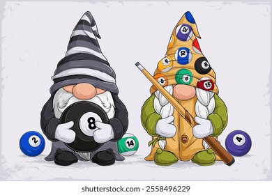 Hand drawn cute gnomes cheerleaders wearing billiard hat holding eight ball and wooden cue stick 