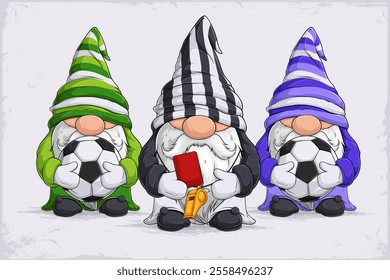 Hand drawn cute gnomes cheerleaders in football disguise holding soccer balls, red card and whistle 