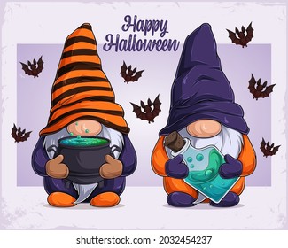 Hand Drawn Cute Gnomes In Halloween Disguise Holding Cauldron And Poison Happy Halloween Text