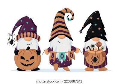 Hand drawn cute gnomes in Halloween disguise with a pumpkin, sweets, garland. T shirt design vector, Holidays greeting card. For flyers, invitations, posters. Happy Halloween Vector illustration.