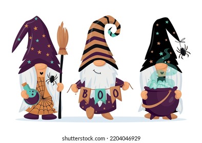 Hand drawn cute gnomes in Halloween disguise with a potion, broomstick, garland. T shirt design vector, Holidays greeting card. For flyers, invitations, posters. Happy Halloween Vector illustration.