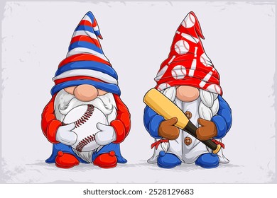 Hand drawn cute gnomes in red and blue disguise holding baseball ball and bat on their hands