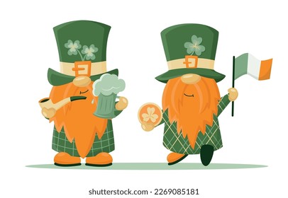 Hand drawn cute gnomes in St Patrick's disguise with ireland flag, beer mag and gold coin. Irish gnome with shamrock on hat for good luck. Vector illustration for cards, decor, shirt design, banner