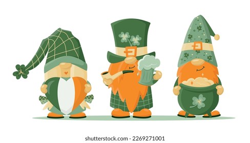 Hand drawn cute gnomes in St Patrick's disguise with pot of gold, beer mag and heart in Irish flag colours. Leprechauns with shamrock for good luck. Vector illustration for cards, shirt design, banner