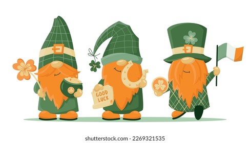 Hand drawn cute gnomes in St Patrick's disguise with Irish flag, horseshoe, pot of gold, shamrock. Irish gnome with clover for good luck. Vector illustration for cards, decor, shirt design, banner
