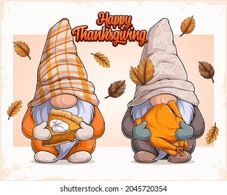 Hand drawn cute gnomes in thanksgiving disguise holding pumpkin pie and glazed turkey