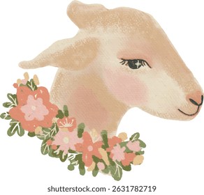 hand drawn cute goat with floral bouquet 