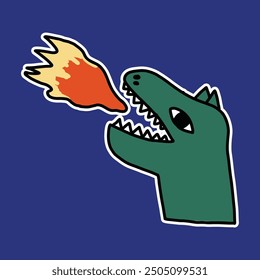 Hand drawn cute godzilla spitting fire illustration