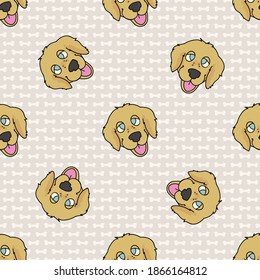 Hand drawn cute golden retriever breed dog seamless vector pattern. Purebred pedigree dog domestic dog on paw background. Dog lover toy spaniel pet all over print. Kennel pooch. EPS 10. 