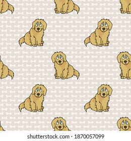 Hand drawn cute golden retriever breed puppy seamless vector pattern. Purebred pedigree puppy domestic dog on paw background. Dog lover toy spaniel pet all over print. Kennel pooch. EPS 10. 