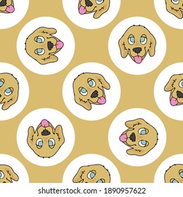 Hand drawn cute Golden Retriever dog breed in polka dot seamless vector pattern. Purebread pedigree puppy domestic on dotty background. Dog lover toy dog all over print. Kennel club pooch. 