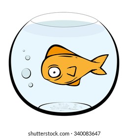 Hand drawn cute goldfish in a fish bowl. Vector illustration isolated on white background.