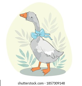 Hand drawn cute goose and bow with leaves vector illustration