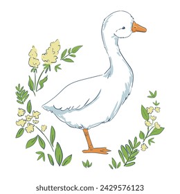 Hand drawn cute goose and flowers background vector illustration floral frame