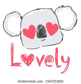 Hand drawn cute gray koala with heart isolated on a white background. Handwritten- Lovely. Vector illustration. Print Design for Nursery.