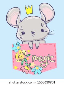 Hand drawn cute gray mouse in a crown sits in a pink pocket with flowers and lettering Magic. Vector stock illustration.