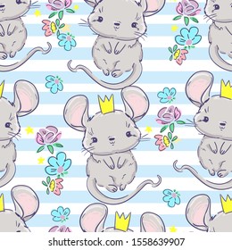 Hand drawn cute gray mouse in a crown and flowers pattern seamless. Vector stock illustration. Children's print trend.