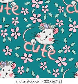 Hand drawn cute gray mouse with flowers seamless pattern. Vector for textile, fabric design. Children's print trend wrapping paper
