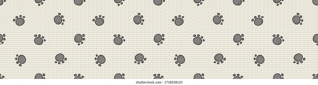 Hand drawn cute gray puppy dog paw seamless vector border. Wild animal paw pad background. Fun joyful wild trail for kids all over print. Kitten and pet. EPS 10. 
