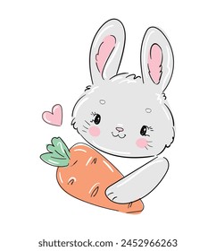 Conejo gris lindo dibujado a mano que sostiene una zanahoria aislada sobre fondo blanco. Ilustración vectorial infantil. Diseño de estampado para niños