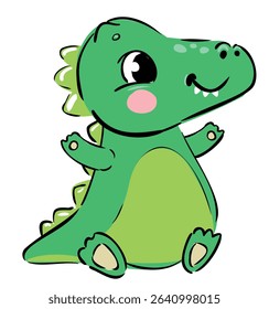 hand drawn cute green cartoon dinosaur with big eyes vector illustration isolated on white background