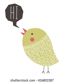 Hand drawn cute green little bird with red beak saying "Hi". Vector illustration