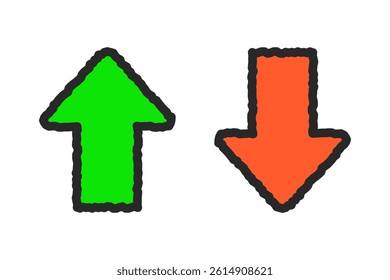 Hand drawn cute green upward and red downward arrow set. Direction, pointer, fail, success, growth concepts. Outlined decorative vector design isolated illustration.