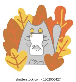 Hand drawn cute grey cat with phone among plants. Kitten character isolated on white background. Cartoon style Vector illustration. For design, printing, t-shirt, Cup, bag and other .