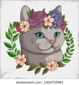 Hand drawn cute grey cat with beautiful flowers on his head in a colorful floral wreath 