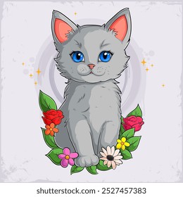 Gato gris lindo dibujado a mano con los ojos azules que se sientan en las flores hermosas corona floral colorida aislada