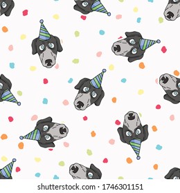 Hand drawn cute greyhound dog face with party hat seamless vector pattern. Purebred pedigree fast puppy celebration background. Dog lover agility dog pet all over print. Kennel Pooch. EPS 10. 
