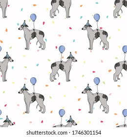 Hand drawn cute greyhound dog with party hat seamless vector pattern. Purebred pedigree fast puppy celebration background. Dog lover agility dog pet all over print. Kennel Pooch. EPS 10. 