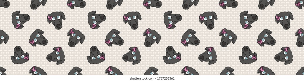 Hand drawn cute greyhound puppy with pink bow seamless vector pattern. Purebred pedigree fast dog domestic pet on background. Dog lover agility dog pet all over print. Kennel Pooch. EPS 10. 
