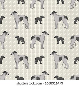 Hand drawn cute greyhouse race dog and puppy face seamless vector pattern. Purebred pedigree fast domestic pet on background. Dog lover agility dog pet all over print. Kennel Pooch. EPS 10. 