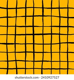 Hand drawn cute grid. doodle yellow, black plaid pattern with Checks. Graph square background with texture. Line art freehand grid vector outline grunge print.