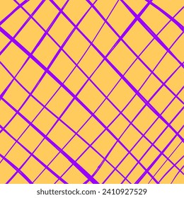 Hand drawn cute grid. doodle yellow, purple, violet plaid pattern with Checks. Graph square background with texture. Line art freehand grid vector outline grunge print.