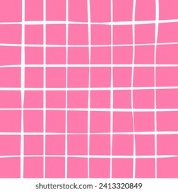 Hand drawn cute grid. doodle pink, white plaid pattern with Checks. Graph square background with texture. Line art freehand grid vector outline grunge print.
