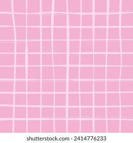 Hand drawn cute grid. doodle pink, pale, white plaid pattern with Checks. Graph square background with texture. Line art freehand grid vector outline grunge print.