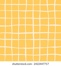 Hand drawn cute grid. doodle yellow, beige, white plaid pattern with Checks. Graph square background with texture. Line art freehand grid vector outline grunge print.