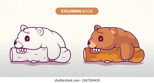 hand drawn cute grizzly bear sitting illustration coloring book for children to fill in
