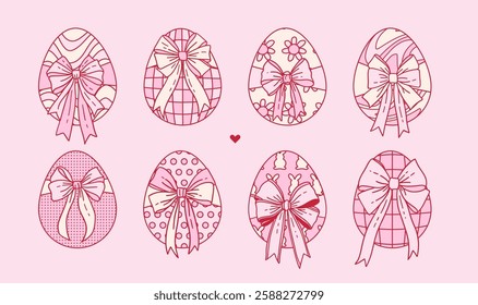 Hand drawn cute groovy pink Easter egg with coquette satin bow and distorted hippie pattern decor. Linear happy Easter spring holiday vector elements. Girly contour drawing