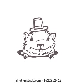 Hand drawn cute groundhog with hat isolated on white background. Groundhog day. Vector illustration