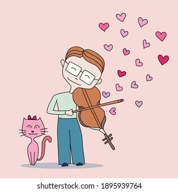 Hand drawn cute guy plaing violin with a lovely pink cat on soft pink background. Vector illustration in doodle art style 