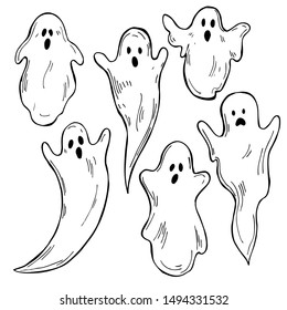  Hand drawn  cute halloween  ghosts on white background. Vector sketch illustration.