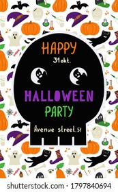 Hand drawn cute Halloween invitation with scull on a seamless pattern with symbols of holiday. Happy Halloween party - lettering text. Vector template for banner or invitation.