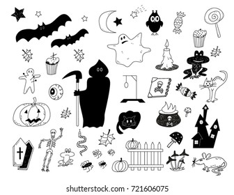 Hand drawn cute halloween sketch set. Trick or treat black and white vector