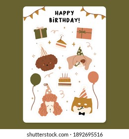 Hand drawn Cute Happy birthday Party elements with Slice of cake and candle, Balloons, Pink poodle puppy, Shiba inu dog, Apricot Toy wearing hat for party celebration, Gift box vector illustration.